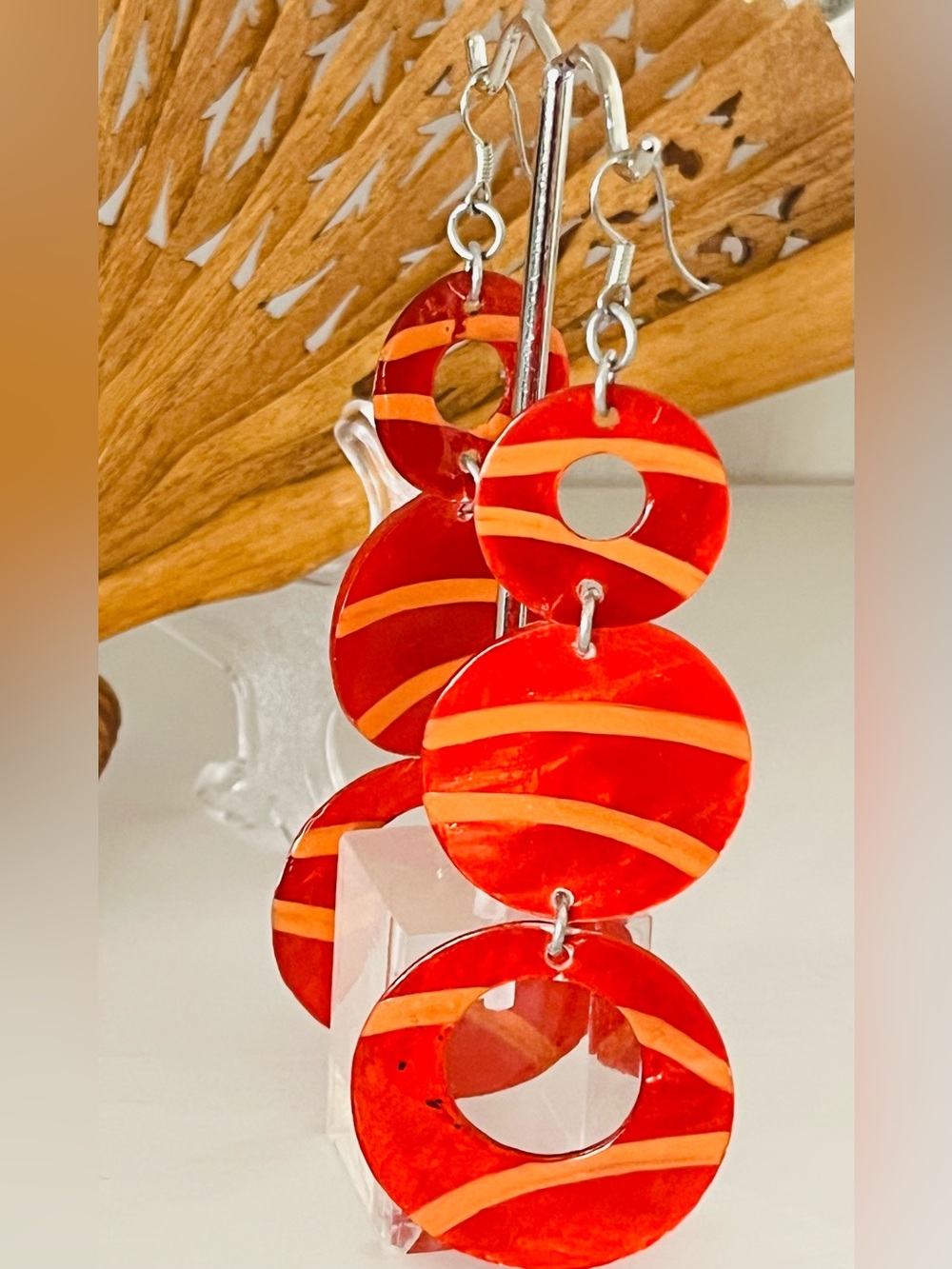 STATEMENT SHELL EARRINGS. Bold Red and Orange Striped Capiz  Drop Earrings ❤️🐚🧡